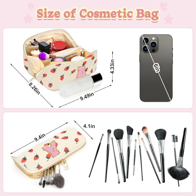 Personalized Travel Makeup Bag Set,Initial Travel Strawberry Makeup Organizer Bag,Toiletry Skincare Cosmetic Bag,Christmas Gifts for Women/Girls,Open Flat Toiletry Pouch with Brush Pocket-G
