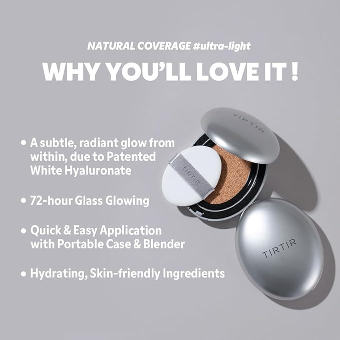 TIRTIR Mask Fit Aura Silver Cushion Foundation | Semi-glow Finish, Natural Coverage, Moisturizing, Lightweight, Korean cushion foundation (#21C Cool Ivory, Full Size, 0.63 Fl Oz)