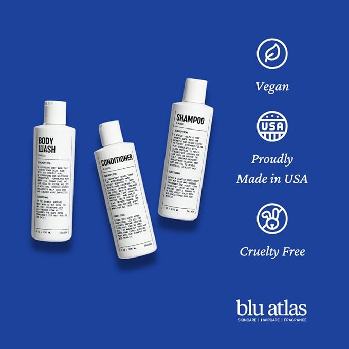 Blu Atlas Men's Natural Shampoo – Organic, Sulfate-Free, Paraben-Free – Deep Cleansing & Hydrating – Classic Scent (Bergamot, Sage, Patchouli) – Made in America– 16 oz