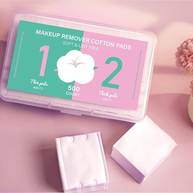 Square Makeup Cotton Pads, 100 Thick and 400 Ultra-Thin, Soft, Lint-Free Pads for Makeup Removal, Toner Application and Daily Skincare