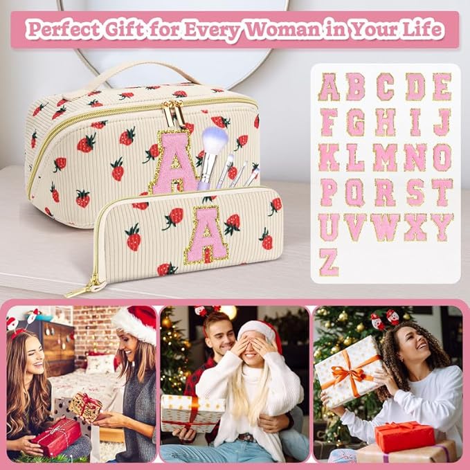 Personalized Travel Makeup Bag Set,Initial Travel Strawberry Makeup Organizer Bag,Toiletry Skincare Cosmetic Bag,Christmas Gifts for Women/Girls,Open Flat Toiletry Pouch with Brush Pocket-G