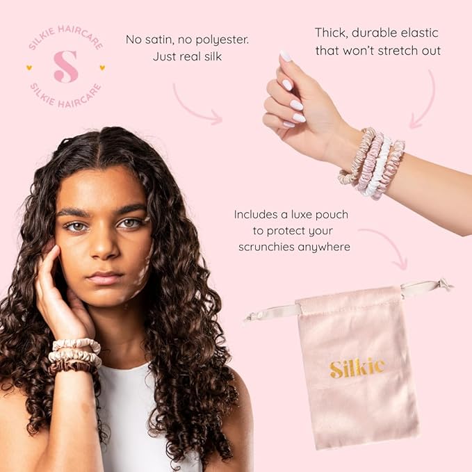 SILKIE x4 Set 100% Pure Mulberry Silk Black Brown Chocolate Pink Nude Neutral Skinny Scrunchies Travel Pouch Everyday Hair Ties Elastics Hair Care Ponytail Holder No Damage (Champagne)