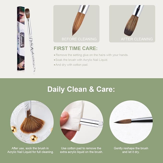 Acrylic Nail Brush Size 12,KEMEISI 100% Pure Kolinsky Nail Art Brushes Sturdy Marble Handle Oval Shaped Acrylic Powder Nail Design Tools for Professional Manicure DIY Home Salon (White)