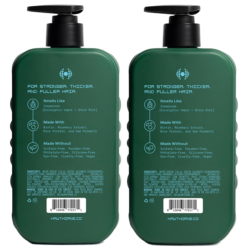 Hawthorne Thick Boost Shampoo for Thinning Hair. Fight Hair Loss With Biotin, Rice Protein & Vitamin E Thickening Formula. Eucalyptus Mint Scent. Sulfate Free Mens All Natural Shampoo. 16 fl oz 2-Pack