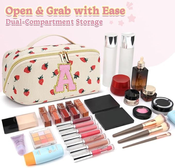 Personalized Travel Makeup Bag Set,Initial Travel Strawberry Makeup Organizer Bag,Toiletry Skincare Cosmetic Bag,Christmas Gifts for Women/Girls,Open Flat Toiletry Pouch with Brush Pocket-G