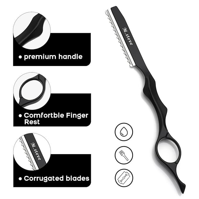 Hair Razors For Cutting Hair 6.89",Professional Hair Styling Thinning Texturizing Cutting Razor with Replacement Hair Razor Blades,Ideal for Salon/Home -11PCS Black