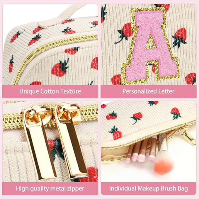 Personalized Travel Makeup Bag Set,Initial Travel Strawberry Makeup Organizer Bag,Toiletry Skincare Cosmetic Bag,Christmas Gifts for Women/Girls,Open Flat Toiletry Pouch with Brush Pocket-G