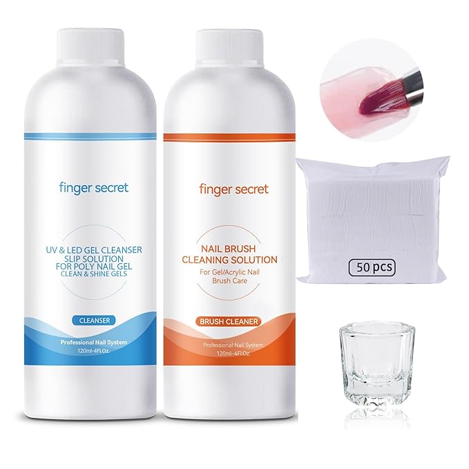 Slip Solution Kit Slip Solution & Nail Brush Cleaner Slip Solution for Poly Gel Nails Quickly Clean Nail Brushes with Glass Cup Nail Cleaning pads Easy DIY Poly Gel Nail at Home