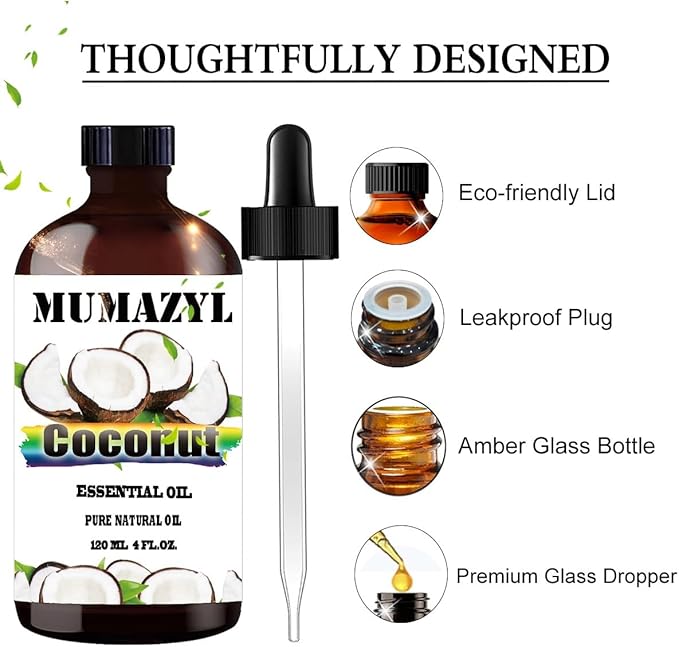 Coconut Essential Oil, Coconut Oil 4 Fl Oz 120ML for Diffuser Humidifier Yoga Cleaning DIY Candle Soap Making Essential Oils