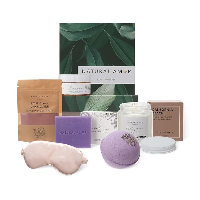 Natural Amor Handmade Bath Body Gift Set,6 pcs Self Care Gift for Women,Includes Soap Bar, Bath Bomb, Clay Mask, Candle- Thank you Gift for Pampering