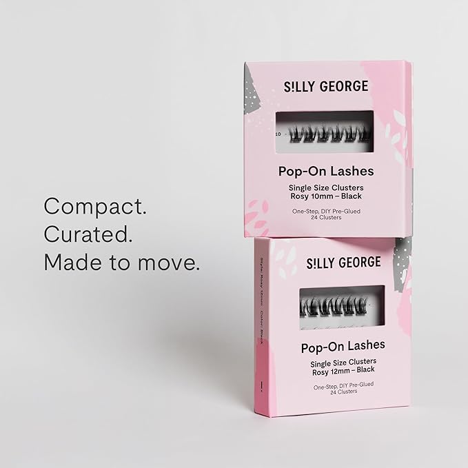 Silly George Single-Size Pop-On Lashes - DIY 1-Step Pre-Glued Faux Eyelash Cluster Kit, Natural Look Extensions, Pack of 24 Individual Clusters, Black - Rosy, 10mm