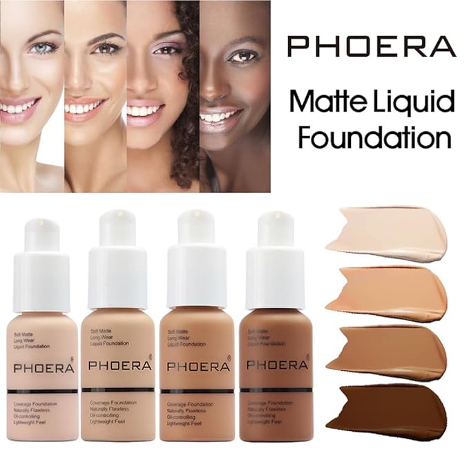 2 Pack PHOERA Foundation 102# Nude and 104# Buff Beige,Full Coverage Flawless Soft Matte 24 HR Oil Control Waterproof Concealer Liquid Foundation Makeup. ﻿
