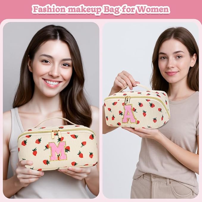 Personalized Travel Makeup Bag Set,Initial Travel Strawberry Makeup Organizer Bag,Toiletry Skincare Cosmetic Bag,Christmas Gifts for Women/Girls,Open Flat Toiletry Pouch with Brush Pocket-G