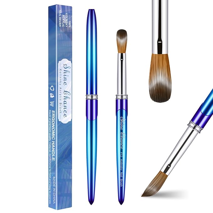 Acrylic Nail Brush - Size 12, 100% Pure Kolinsky Sable 3D Art Nail Brush & Application Tool - Gradient Blue Handle