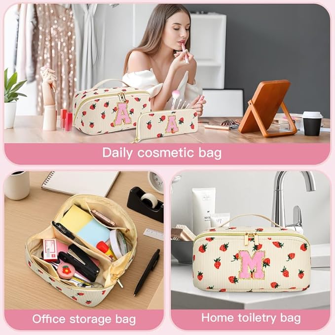 Personalized Travel Makeup Bag Set,Initial Travel Strawberry Makeup Organizer Bag,Toiletry Skincare Cosmetic Bag,Christmas Gifts for Women/Girls,Open Flat Toiletry Pouch with Brush Pocket-G