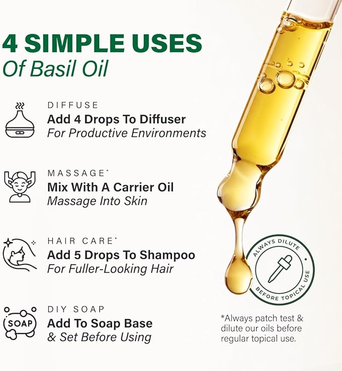 KUKKA Basil Essential Oils - 4 Fl Oz - for Hair, Skin, Diffuser, Aromatherapy & DIY Soap Making Scent