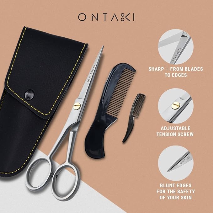Ontaki German Steel Beard Scissors - 5-Inch, Silver, 1 Count - Beard Grooming Shears & Mustache Trimming Kit with Comb & Pouch, Airplane Friendly, Hand-Forged 410C Steel, Finger Rest