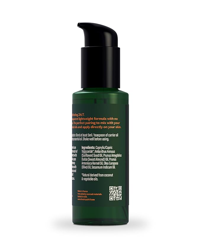 Livedrops 24/7 Unscented Carrier Oil for Essential Oils – Skin Safe, Vegan, Odorless, Fast Absorbing – Mix for Dilution, Massage, Hair & Face Care – Crafted in France – Clinically Tested