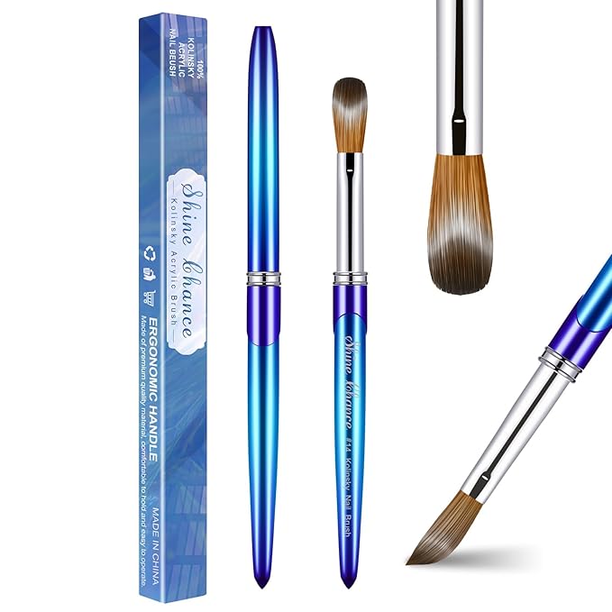Acrylic Nail Brush Size 14, 100% Pure Kolinsky 3D Art Nail Brush with Gradient Blue Handle, Art Design Powder Nail Brush Pen for Nails Extension & Carving, Acrylic Application Tools