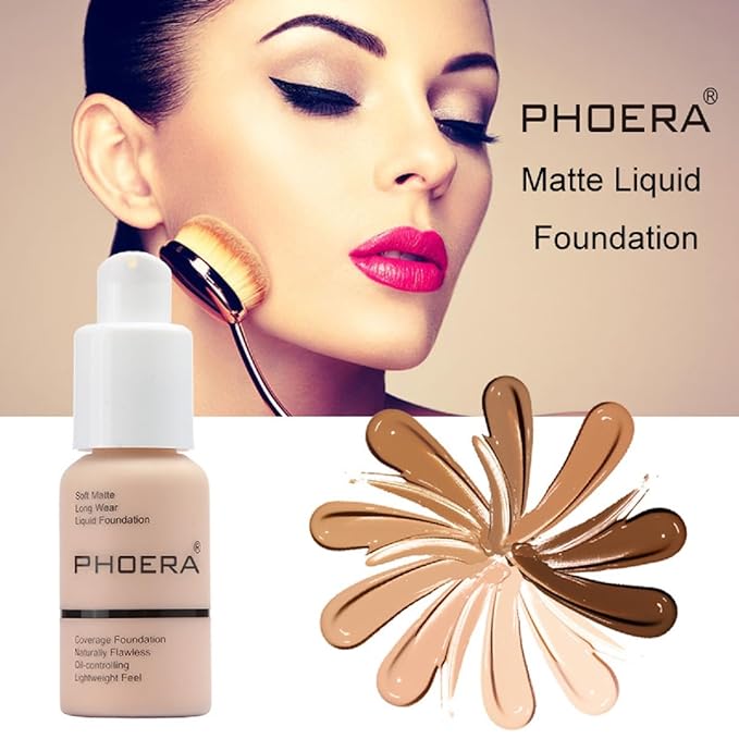 2 Pack PHOERA Foundation 102# Nude and 104# Buff Beige,Full Coverage Flawless Soft Matte 24 HR Oil Control Waterproof Concealer Liquid Foundation Makeup. ﻿