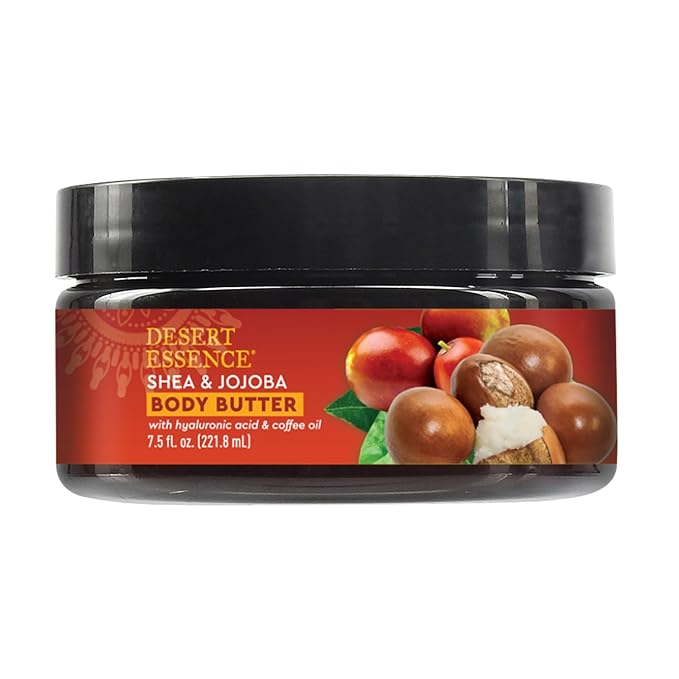 Desert Essence, Shea & Jojoba Body Butter 7.5oz, Hyaluronic Acid & Coffee Oil, Deeply Moisturizing and Nourishing, Antioxidant Rich, Moisture Rich Botanicals Shea Butter & Jojoba Oil