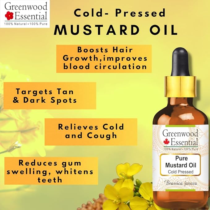 Greenwood Essential Mustard Oil (Brassica juncea) with Glass Dropper | Cold Pressed | Natural | Undiluted | For Diluting Essential Oils | For Skin & Massage | Men & Women | 15ml (0.50 oz)