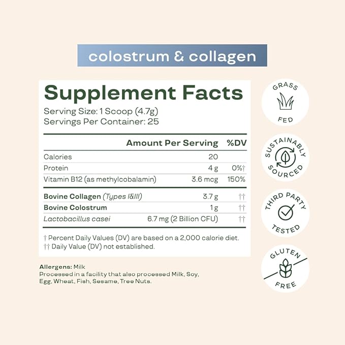 Bloom Nutrition Bovine Colostrum Powder with Vitamin B-12 for Gut Health, Immune Support, Hair Growth & Beauty Supplement | Unflavored, 25 Servings