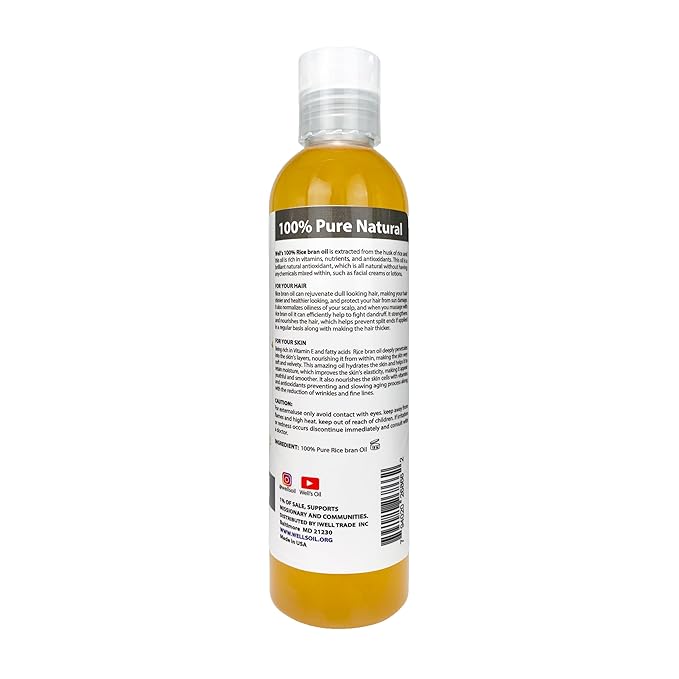 Well's Oil Rice Bran Oil | 100% Pure Natural Carrier Oil | Refined, Cold Pressed | For Body, Skin & Hair (8 fl oz / 237 ml) (Pack of 2)
