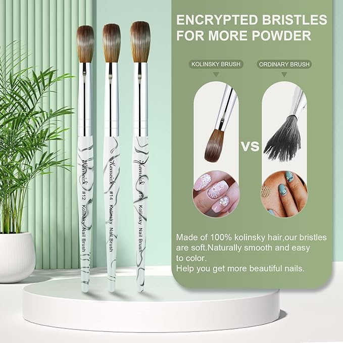 Acrylic Nail Brush Size 16,KEMEISI 100% Pure Kolinsky Nail Art Brushes Sturdy Marble Handle Oval Shaped Acrylic Powder Nail Design Tools for Professional Manicure DIY Home Salon (White)