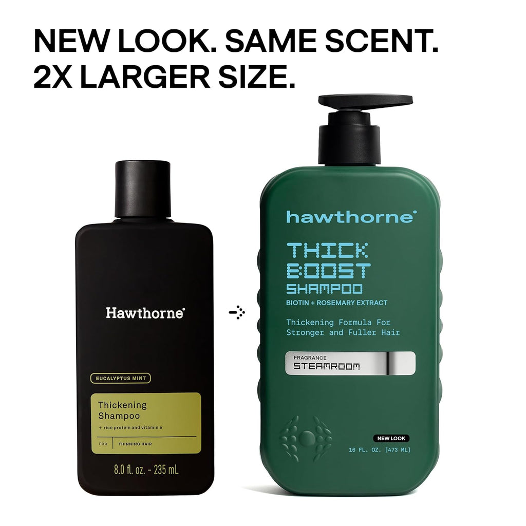 Hawthorne Thick Boost Shampoo for Thinning Hair. Fight Hair Loss With Biotin, Rice Protein & Vitamin E Thickening Formula. Eucalyptus Mint Scent. Sulfate Free Mens All Natural Shampoo. 16 fl oz 2-Pack