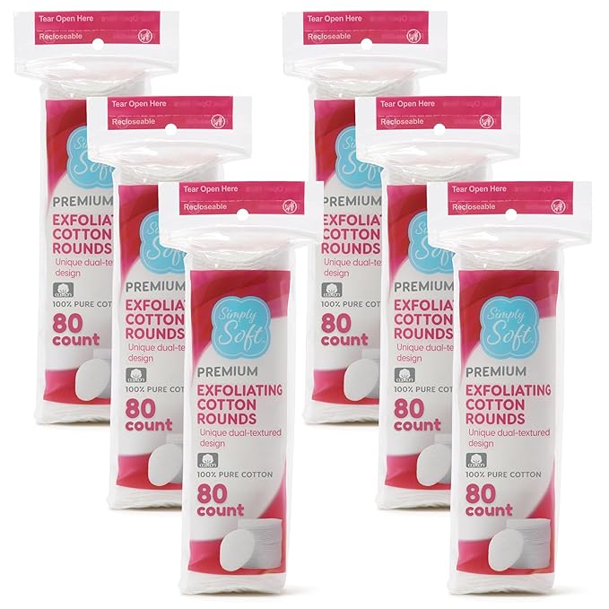 Simply Soft Hypoallergenic Exfoliating Dual Textured Cotton Rounds Pads, 80 Count (Pack of 6)