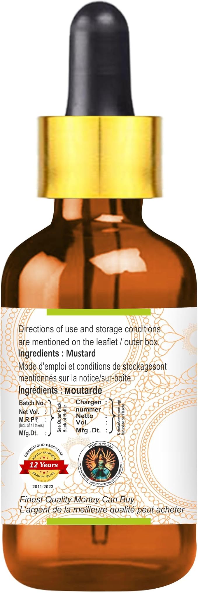 Greenwood Essential Mustard Oil (Brassica juncea) with Glass Dropper | Cold Pressed | Natural | Undiluted | For Diluting Essential Oils | For Skin & Massage | Men & Women | 100ml (3.38 oz)