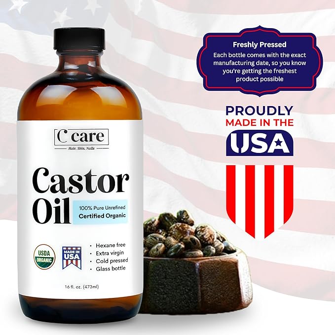 C CARE Castor Oil 100% Pure Organic Cold Pressed Unrefined Glass Bottle | USDA Certified Organic | Hexane Free Extra Virgin | For Hair Growth Eyebrows Eyelashes Skin and Castor Oil Pack Wrap | 16oz