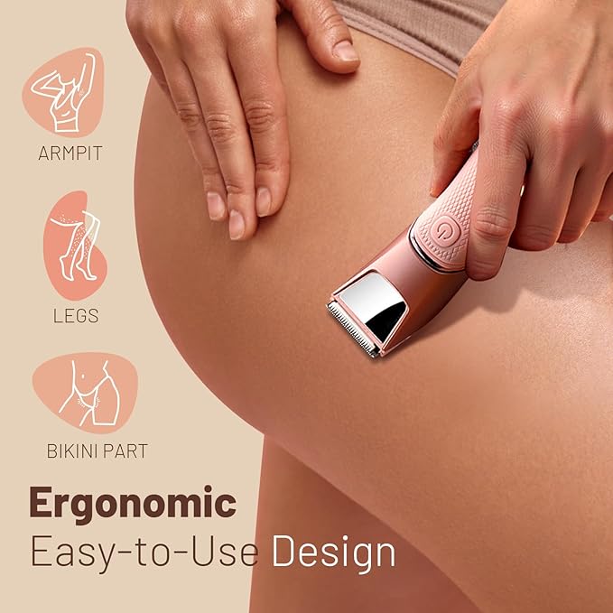 Bikini Trimmer for Women: Pubic Hair Razor with Mirror & LED Light, Electric Shaver with Ceramic Blades & Travel Lock - Body Groomer IPX7 Waterproof Use for Legs/Arm/Underarm - Baby Pink