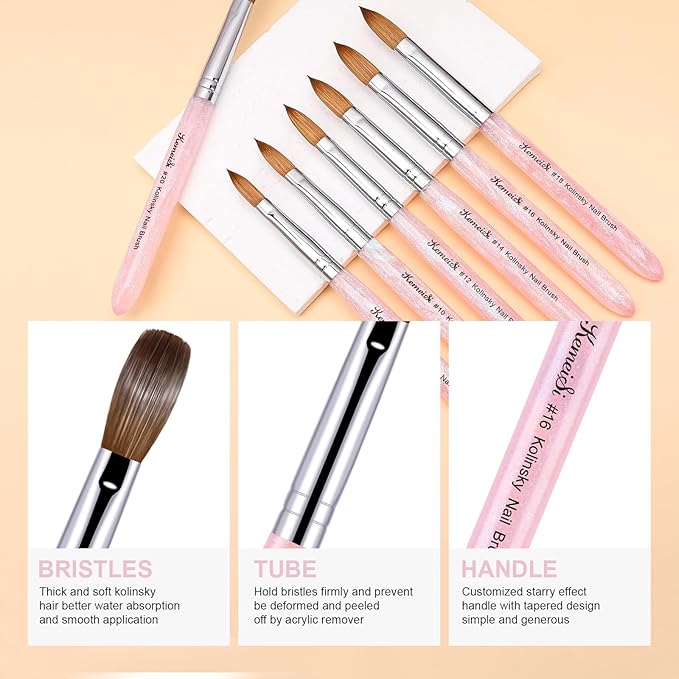 Acrylic Nail Brush Size #8, 100% Pure Kolinsky Nail Art Brushes for Acrylic Application, Sturdy Starry Handle Oval Shaped Nail Design Tools for Professional Manicure DIY, Pink