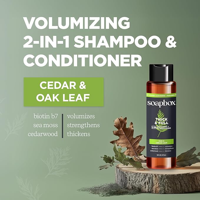 Soapbox Men's Thick and Full 2 in 1 Shampoo and Conditioner Men, Natural Mens Shampoo and Conditioner, Oak & Cedar Leaf, 16oz