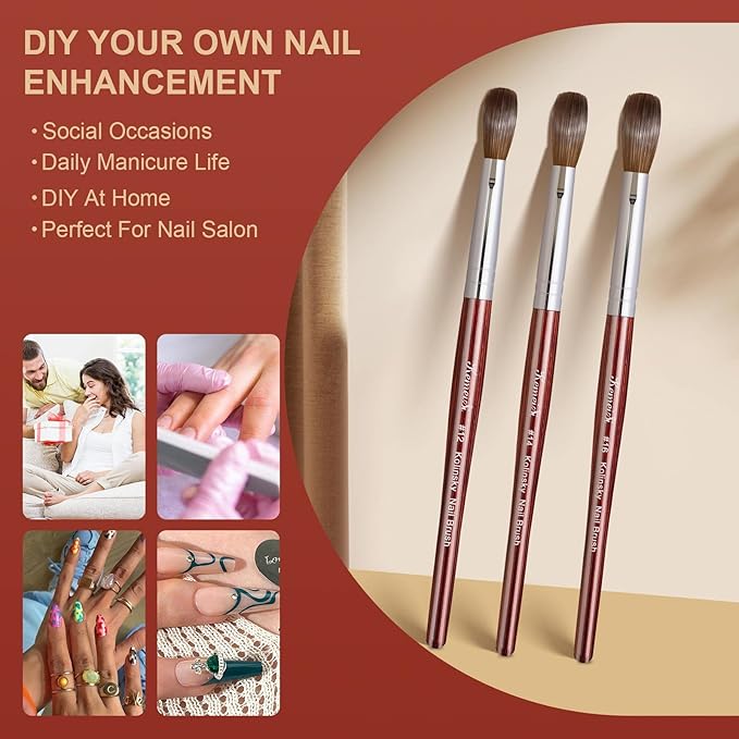 Acrylic Nail Brush Size 10,KEMEISI 100% Pure Kolinsky Nail Art Brushes Wood Handle Oval Shaped Acrylic Powder Nail Design Tools for Professional Manicure DIY Home Salon (Red)