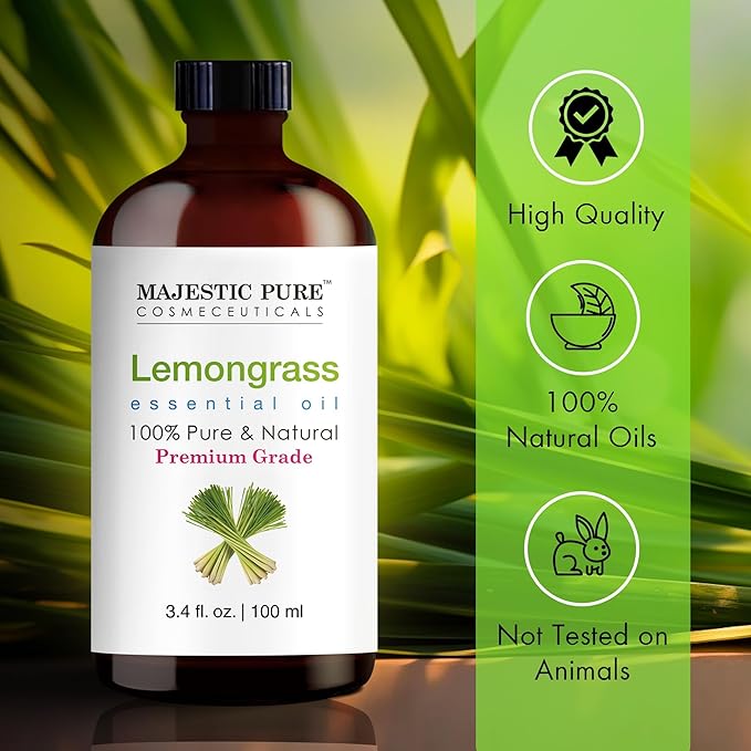 Majestic Pure Lemongrass Essential Oil with Glass Dropper - 3.4 Fl Oz - 100% Pure and Natural Lemongrass Oil - Premium Grade Essential Oils for Diffuser, Aromatherapy, Soap and Candle Making