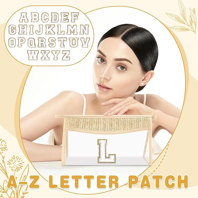 Personalized Initial Letter Bag Boho Straw Clear Makeup Bag,Small Cute Chenille Varsity Letter Bag With Zipper,Beach Travel Toiletry Bag,Portable Monogrammed Cosmetic Bag for Women Girls,L