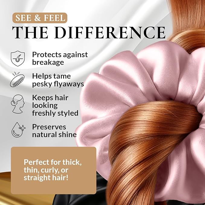 100% Pure 22 Momme Mulberry Silk Scrunchies (Set of 3) | Highest grade (6A) Luxury Hair Ties| (Black,White,Pink) | (Pink, Standard/Small/Skinny)