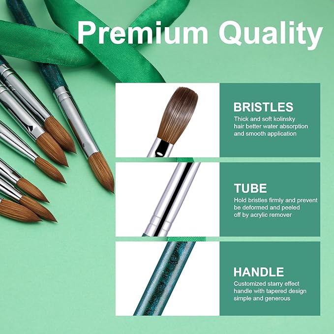 Acrylic Nail Brush Size #8, 100% Pure Kolinsky Nail Art Brushes for Acrylic Application, Sturdy Starry Handle Oval Shaped Nail Design Tools for Professional Manicure DIY, Green