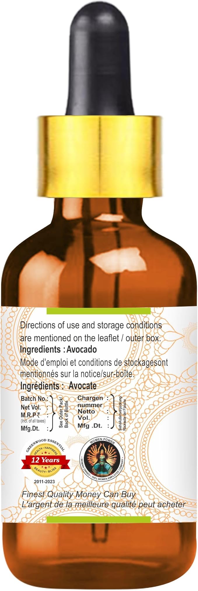 Greenwood Essential Pure Avocado Oil (Persea americana) with Glass Dropper 100% Natural Therapeutic Grade Cold Pressed for Personal Care 15ml (0.50 oz)