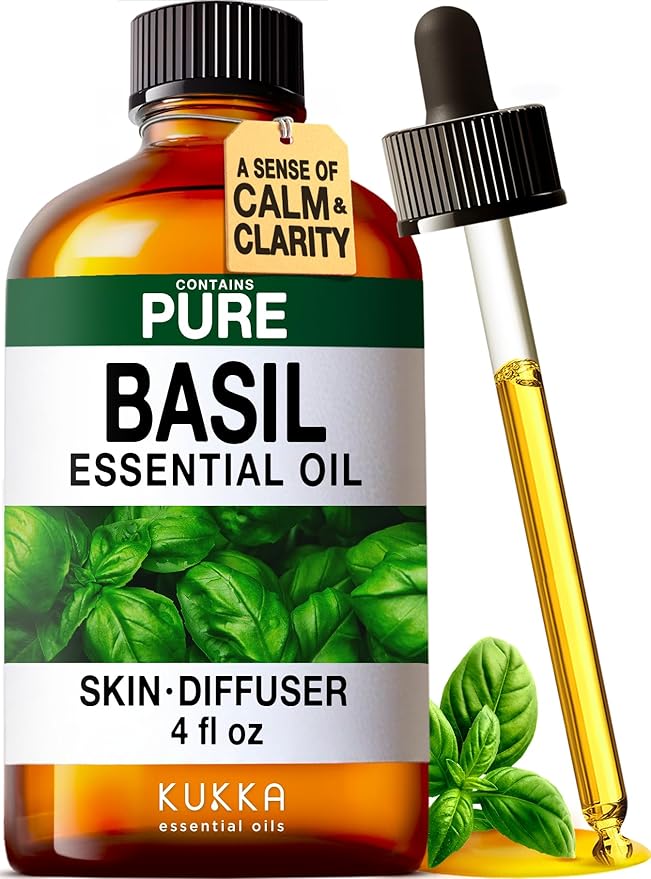 KUKKA Basil Essential Oils - 4 Fl Oz - for Hair, Skin, Diffuser, Aromatherapy & DIY Soap Making Scent