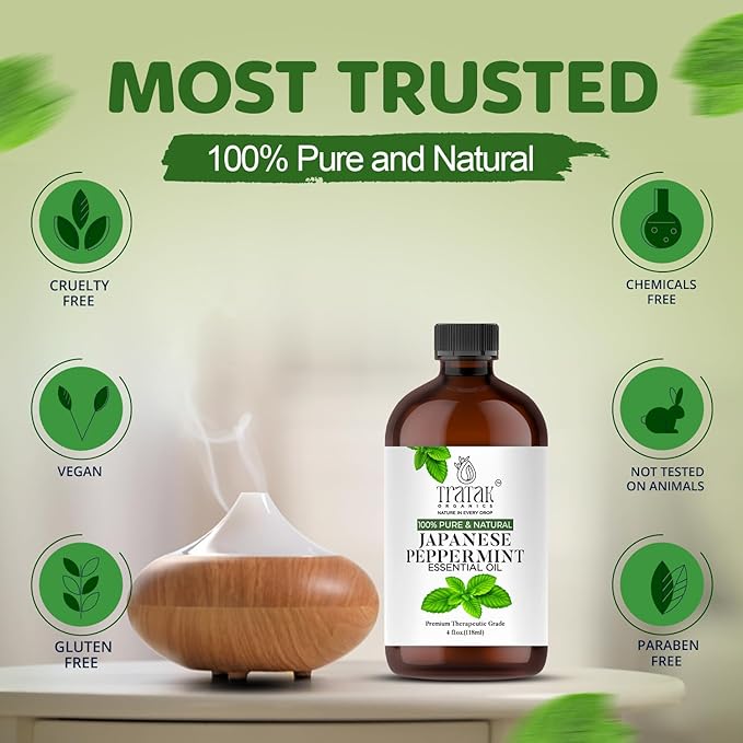 Peppermint Essential Oil 4 Fl Oz - 100% Pure and Natural Oil with Premium Glass Dropper, Premium Therapeutic Grade Essential Oil for Diffuser, Cleaning, Hair Care and Aromatherapy