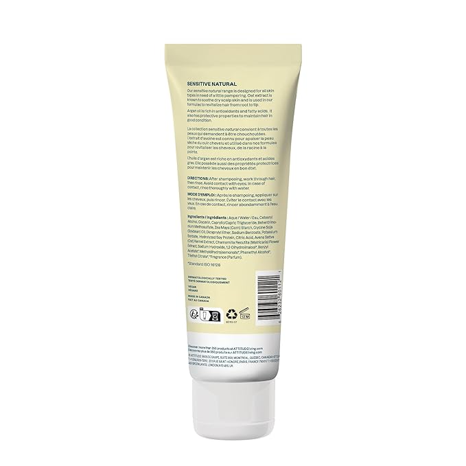 ATTITUDE Hair Conditioner for Sensitive Dry Scalp, Soothing Oat, Protects Color, Naturally Derived Ingredients, Dermatologically Tested, Vegan Detangler, Color Care, 8 Fl Oz