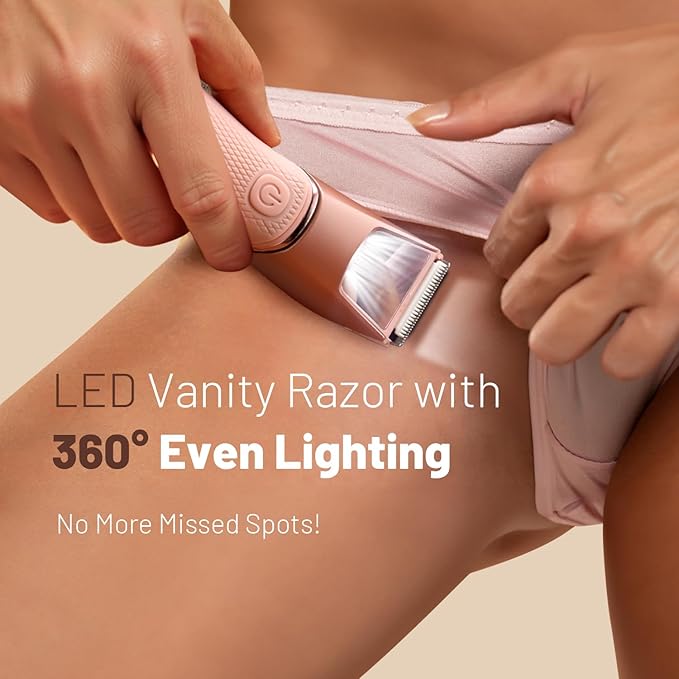 Bikini Trimmer for Women: Pubic Hair Razor with Mirror & LED Light, Electric Shaver with Ceramic Blades & Travel Lock - Body Groomer IPX7 Waterproof Use for Legs/Arm/Underarm - Baby Pink