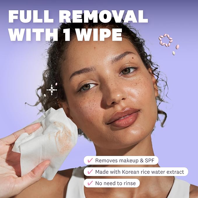 The Face Shop Rice Water Bright Makeup Remover Wipes for Face with Rice Extract, Brightening, Moisturizing, Infused with Cleansing Milk, Vegan Disposable Cleansing Facial Wipes, Korean Skin Care