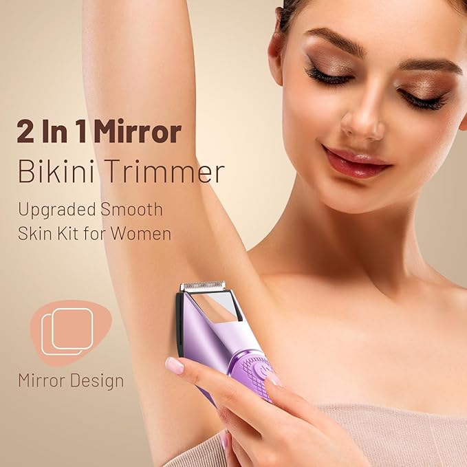 Bikini Trimmer for Women: Pubic Hair Razor with Mirror & LED Light, Electric Shaver with Travel Lock & Ceramic Blades - Body Groomer IPX7 Waterproof Use for Legs/Arm/Underarm