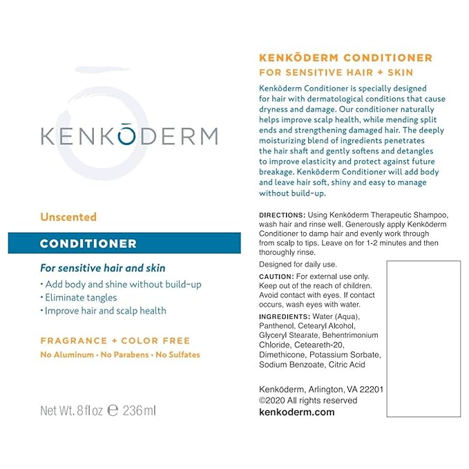 Kenkoderm Psoriasis Conditioner for Sensitive Hair & Skin with 3 Percent Salicylic Acid, Anti-Dandruff Deep Moisturizer for Itchy or Dry Scalp Relief, Color & Fragrance Free, 4 8-Ounce Tubes