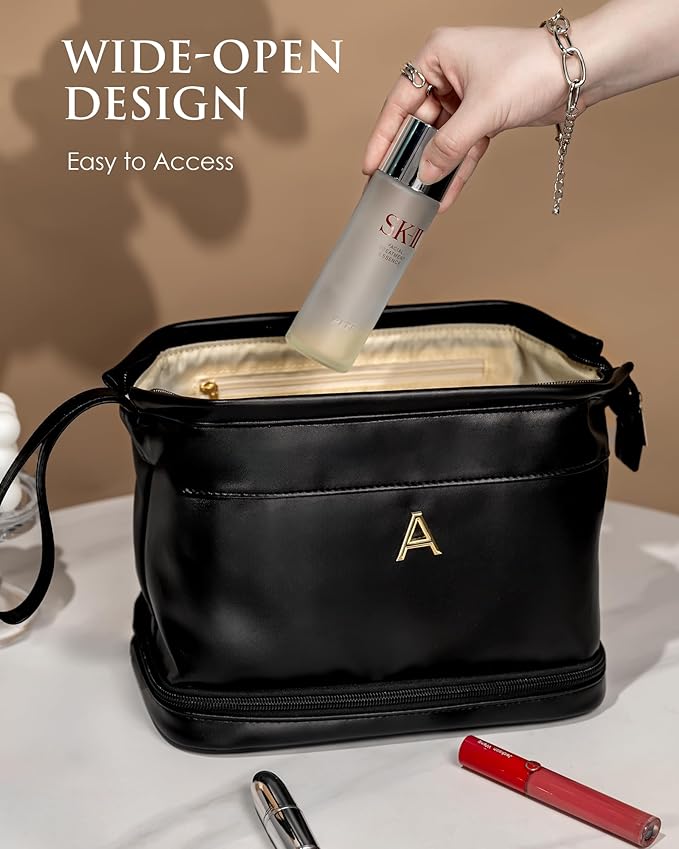 Daughter Birthday Gift-Makeup Bag, Women Gifts, Personalized Double Layer Cosmetic Bag with Makeup Brush Organizer, Large Capacity PU Leather Travel Toiletry Bag Gifts for Friends Female Mom